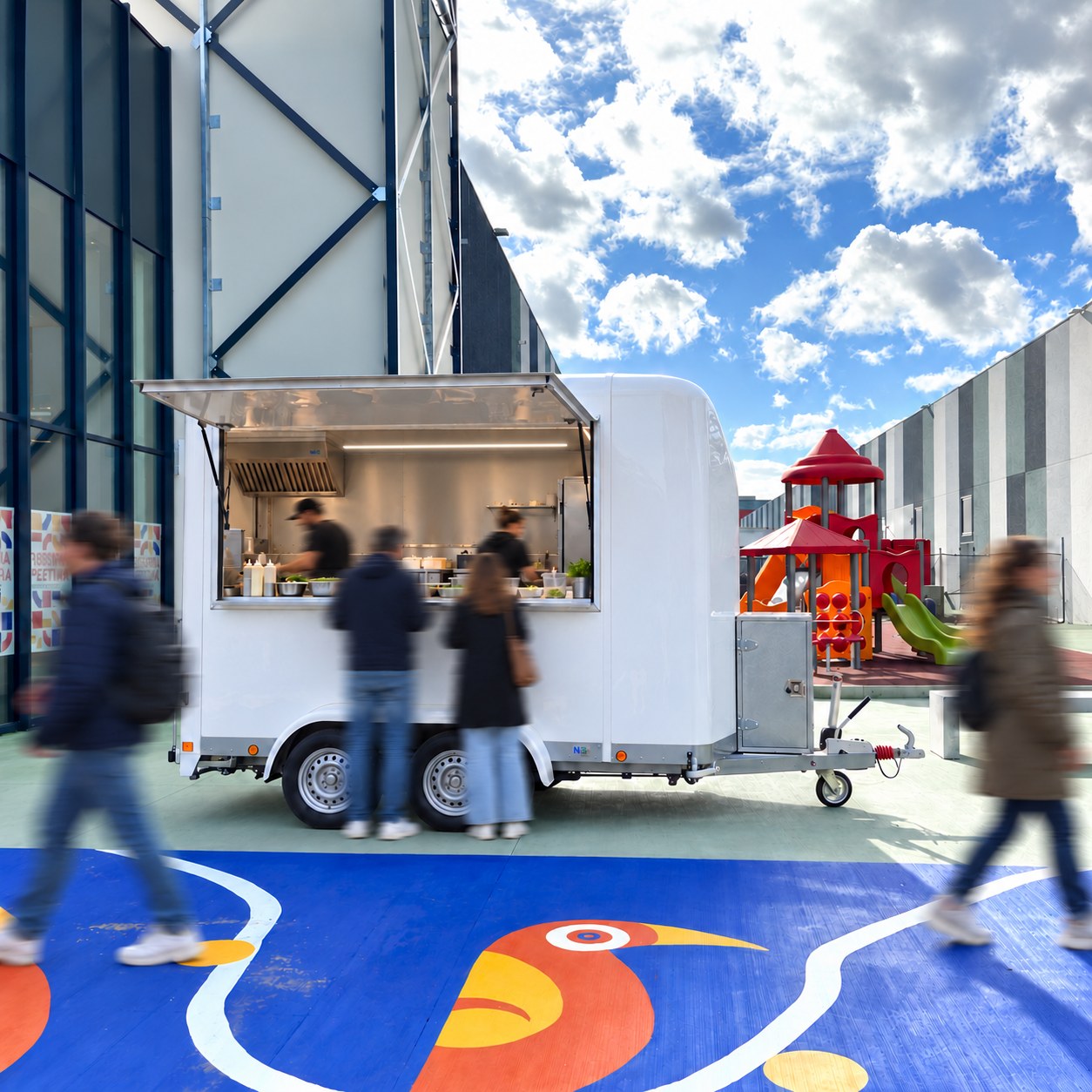 Il rimorchio food truck in servizio a un evento
