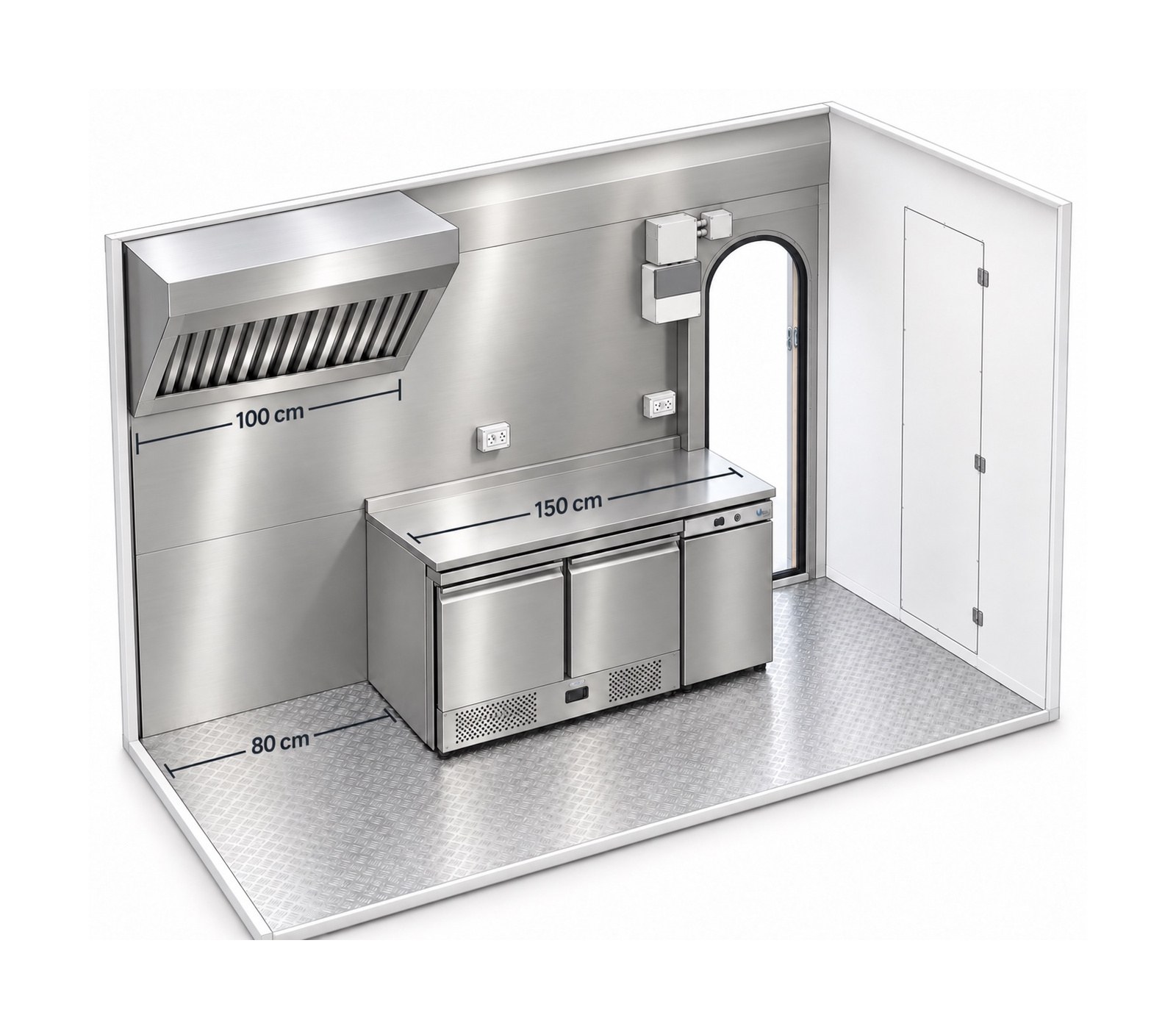 Lato cappa e frigo: cappa da 100 cm, banco refrigerato da 150 cm, profondità 80 cm